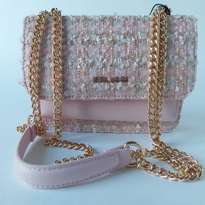 Dames tas schouder/hand - roze – ruim - elegant tasje - messing ketting - lichte glans stof - vegan PU leer