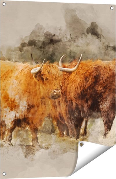 Gards Tuinposter Twee Schotse Hooglander Koeien - Abstract - 60x80 cm - Tuindoek - Tuindecoratie - Wanddecoratie buiten - Tuinschilderij
