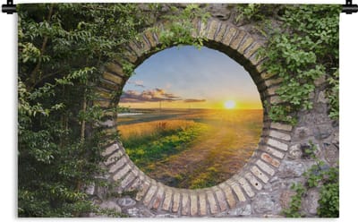 Wandkleed - Wanddoek - Platteland - Doorkijk - Zon - 180x120 cm - Wandtapijt