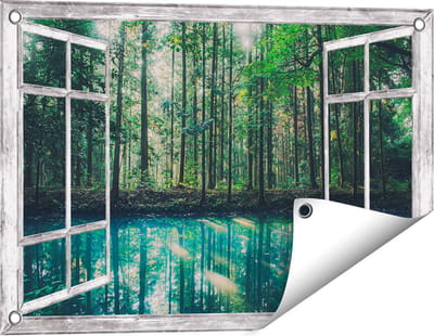 Gards Tuinposter Doorkijk Bos bij een Groen Meer - 60x40 cm - Tuindoek - Tuindecoratie - Wanddecoratie buiten - Tuinschilderij