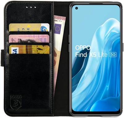 Rosso Element Book Case Wallet Hoesje Geschikt voor Oppo Find X5 Lite | Portemonnee | 3 Pasjes | Magneetsluiting | Stand Functie | Zwart