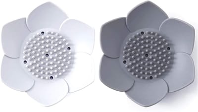 Zeepbakje - Zeephouders - Zeepschaal - Zeepdoos - Silicone Zeepbak met Bloemenpatroon – 2 Stuks Zeephouders (Wit & Grijs) – Afvoerend Ontwerp voor Badkamer – 12.5 x 3 cm