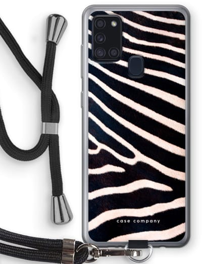 Case Company® - Hoesje met koord geschikt voor Samsung Galaxy A21s hoesje met Koord - Zebra - Telefoonhoesje met Zwart Koord - Bescherming aan alle Kanten en Over de Schermrand