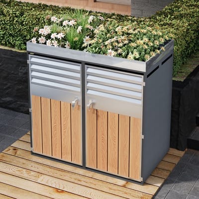 MEUNIQ Mülltonnenbox met plantenbak 132 x 80 x 124,5 cm, afsluitbare containerberging met 2 deuren, lamellenventilatie en houtlook, voor tuin of buitenruimte, grijs