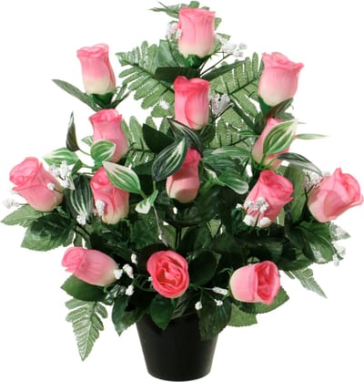 Louis Maes Kunstbloemen in pot - lichtroze - H35 cm - Bloemstuk ornament - rozen/gipskruid met bladgroen