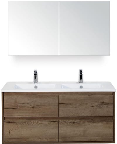 Porto Badmeubelset 120 cm - 4 Laden Tabacco - Keramische Wastafel Wit Slim met Spiegelkast