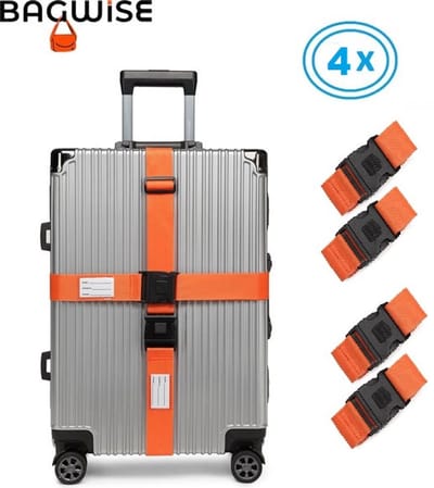 4 x Kofferriem - Bagage Band - Luggage Belt - Bagage Gordel - met SlideLock en adreslabel - Afstelbaar - 200cm x 5cm - Oranje