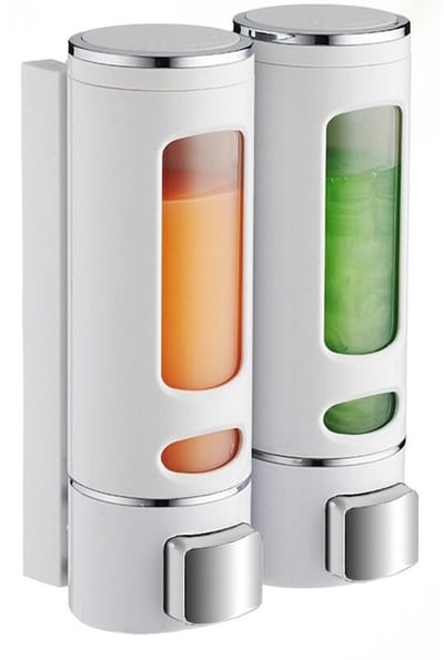 Zeepdispenser, wandbevestiging - 2 kamers - 400 ml - zeepdispenser van kunststof, zonder boren,douchegeldispenser voor vloeibare douchegel