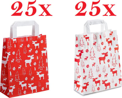 50 x papieren Kersttassen / Kerst draagtassen / Kersttasjes "White and Red Elk" Met Platte Oren 18 x 8 x 22cm / Kerst verpakking