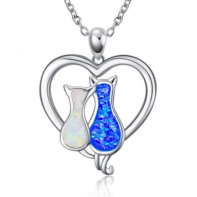 Ketting Katten met Hart, Zilver Blauw | 45 cm tot 50 cm | Sparkolia | Meisjes Vrouwen | Kat Poes | Kinderketting | Sinterklaas Kerst Cadeau
