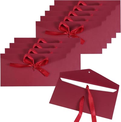 Set van 10 Mooie Donkerrode Enveloppen 22 x 11 cm van Kraftpapier met Strik, Vintage Enveloppen voor Kerst, Verjaardag en Bruiloft, Perfect voor Cadeaus en Kaarten