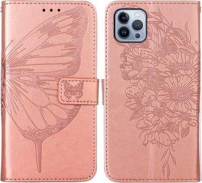 PU BookCover Hoes Etui geschikt voor iPhone 15 PRO MAX Roze-Goud Vlinder - Bloem Motief