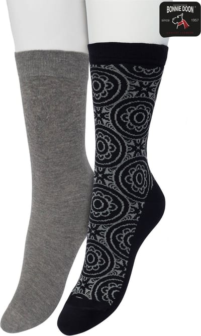 Bonnie Doon Dames Sokken set Zwart maat 36/42 - 2 paar - Effen en Print - Bloem - Gladde Naden - Brede Boord - Uitstekend Draagcomfort - Perfecte Pasvorm - 2-pack - Multipack - Effen - Ornament Tile - Grijs - Black - OL211501.101