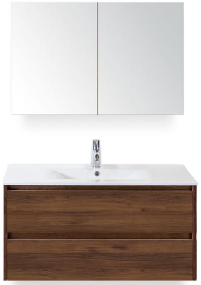 Dante Badmeubelset 100 cm - Walnoot - Keramische Wastafel Wit Enjoy met Spiegelkast