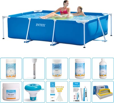 Intex Rechthoekig Frame Zwembad - 220 x 150 x 60 cm - Blauw - Inclusief Chloor - Chloordrijver - Testrips - Reparatiesetje - Scrubborstel - PH-min - PH-plus - Thermometer - Anti Alg - 11-delig