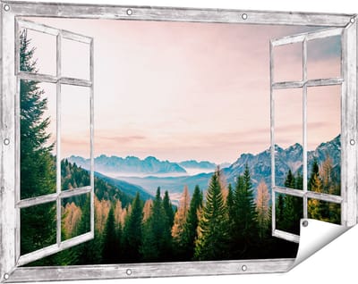 Gards Tuinposter Doorkijk Bos met Bomen bij Bergen Landschap - 120x80 cm - Tuindoek - Tuindecoratie - Wanddecoratie buiten - Tuinschilderij