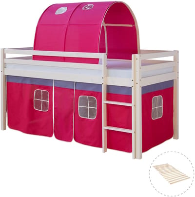 Homestyle4u Hoogslaper - 90x200 cm - met lattenbodem - tunnel en gordijn roze