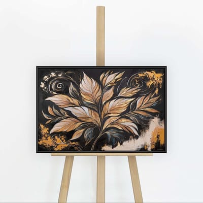 YS Schilderij "Gouden Bladeren" - Handgeschilderd canvas schilderij - Wanddecoratie Abstract - Zwart en goud - Structuur - Muurdecoratie woonkamer - Slaapkamer decoratie - Kamer accessoires - Schilderij woonkamer met lijst Black 60x40