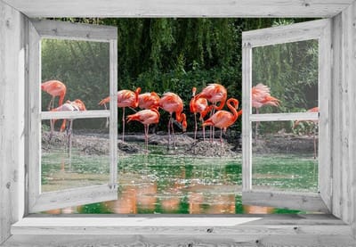 Tuindoek doorkijk - 130x95 cm - openslaand wit venster naar flamingo's - tuinposter - tuin decoratie - tuinposters buiten - tuinschilderij