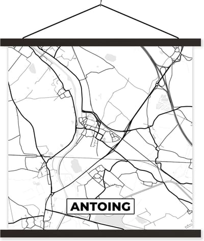 Posterhanger incl. Poster 60x60 cm - Schoolplaat - Zwart Wit – België – Plattegrond – Stadskaart – Kaart – Antoing - Textielposter - Zwarte latten - Stadskaart