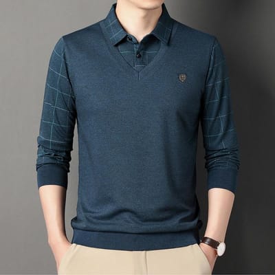 Lente en Herfst Heren Lange Mouw Fake Tweedelige T-shirts Middenleeftijd Revers Casual Ruit Polo Shirt Tops 4XL gray