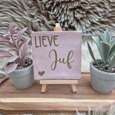Robuust Wenstegeltje Lieve Juf – Cadeau Juffendag – Afscheid Juf – Bedankje – Trendy – Woondecoratie – Cadeautje – Decoratief Tegeltje met Standaard – Cadeau Idee