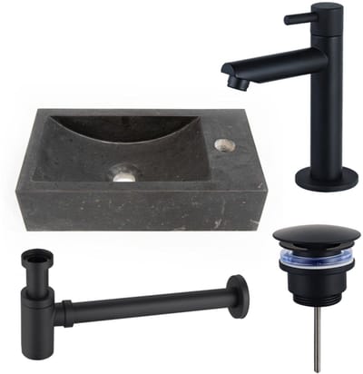 FugaFlow Eccelente Pietra fonteinset - 22x40x10cm - 1 kraangat - rechts - natuursteen - fonteinkraan zwart mat - donker