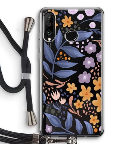 Case Company® - Hoesje met koord geschikt voor Huawei P30 Lite hoesje met Koord - Flowers with blue leaves - Telefoonhoesje met Zwart Koord - Bescherming aan alle Kanten en Over de Schermrand