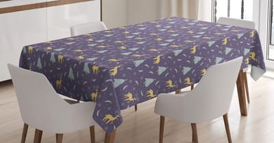 ABAKUHAUS kersttafelkleed, sneeuw- en cartoonherten, print met heldere kleuren zonder vervaging, wasbaar voor binnen- of buitenruimte, 140 x 170 cm, mosterd- en violetgrijs