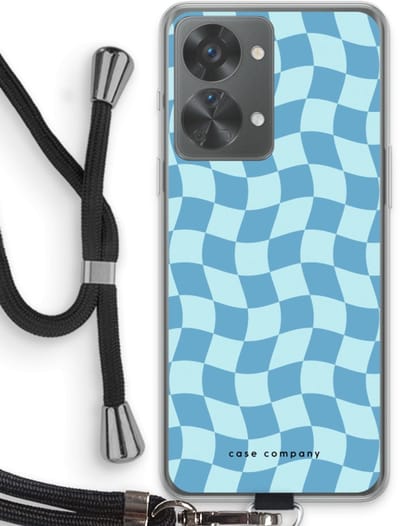 Case Company® - Hoesje met koord geschikt voor OnePlus Nord 2T hoesje met Koord - Grid Blauw - Telefoonhoesje met Zwart Koord - Bescherming aan alle Kanten en Over de Schermrand