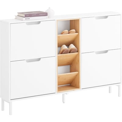 SoBuy Schoenenkast, Schoenenopslag, Entreekast, Opbergkast, Commode met 4 Kleppen en 3 Open Vakken, Opbergdoos, Opbergmeubel voor Hal, Smalle Schoenenopbergunit,126x19x85 cm, FSR183-WN