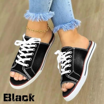 Lente Zomer Vrouwen Canvas Schoenen Platte Sneakers Denim Loafers Open Teen Sandalen Dames Casual Slippers Schoenen Lage Bovenste 35-43 41 zwart