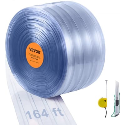 VEVOR strokengordijn, 50 meter lang x 20 cm breed x 0,2 cm dik, transparant geribbeld PVC gordijnstrookdeur, grote rol, kunststof deurstrook voor supermarktdeuren, garages, magazijnen en schuren