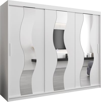 InspireMe - Kledingkast met 3 schuifdeuren, Modern-stijl, Een kledingkast met planken en een spiegel (BxHxD): 250x200x62 - REESE 250 Wit Mat