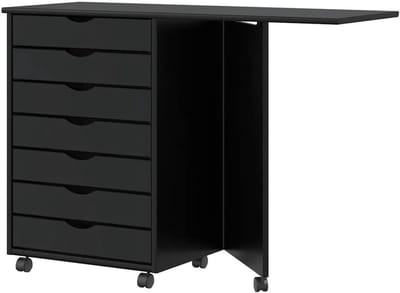 Inklapbare Rolkast - Bureaukast met wielen - Thuiswerken organiseren - Massief grenenhout - 105.5 x 39 x 74.5 cm - Zwart