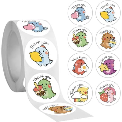 Rouleau de 500 Autocollants Dinosaure Mignons Dessin Animé - Design Animal Adorable avec Texte « Merci », Étiquettes d'Étanchéité en Vinyle Mat pour Loisirs Créatifs DIY