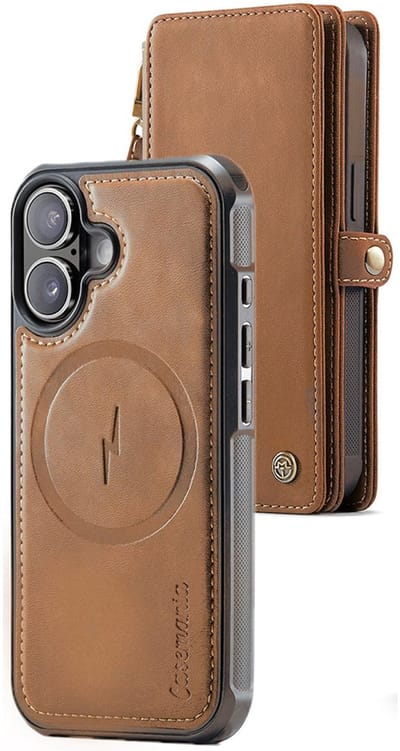 CaseMania Bookcase hoesje geschikt voor iPhone 17 - Effen Cognac - Kunstleer - XXL Bergruimte - Portemonnee met 10 Vakjes voor Pasjes