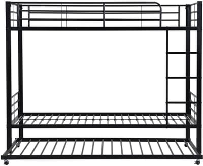 Gotagee IJzeren bed, stapelbed, geschikt voor kinderen en tieners, met uitschuifbaar bed, vier zijhekken op het bovenste bed, ijzer, zwart, 90x200cm&90x190cm