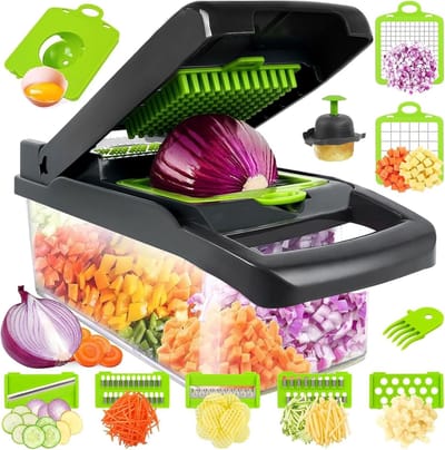 Famanu – 16-in-1 mandoline groentesnijder met verwisselbare messen, voor schaven en snijden van groenten