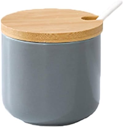 Ronde keramische suikerpot van 260 ml met bamboedeksel en lepel voor kruiden en specerijen opslag