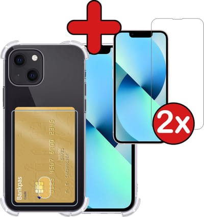 Hoesje - Geschikt voor Apple iPhone 14 Plus - Met 2x Screenprotector - Pashouder - Kaarthouder - Back Cover - Telefoon Hoes Shockproof - Siliconen Case - Shock Proof - Pasjes Houder - Telefoonhoes - Transparant