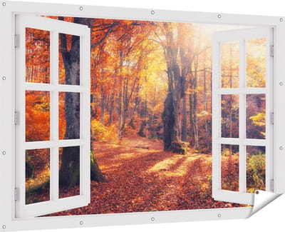 Gards Tuinposter Doorkijk Oranje Herfstbos met Zonneschijn - 180x120 cm - Tuindoek - Tuindecoratie - Wanddecoratie buiten - Tuinschilderij
