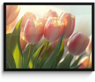 Poster in lijst - Fotolijst 70x50 cm - Posters - Tulpen - Roze - Zonnestralen - Posterlijst zwart - Decoratie - Wanddecoratie woonkamer - Muurdecoratie slaapkamer