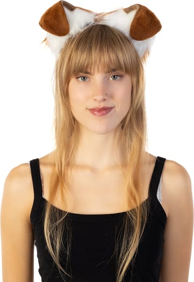KIMU® Haarband Furry Hondenoortjes Bruin Wit - Hond Diadeem Dons Dieren - Dierenoren Oren Oor Honden Oortjes Haren Behaard Haar Flappen Festival