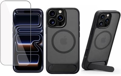 Hoesje met Kickstand + Screenprotector geschikt voor iPhone 16 Pro – Geschikt voor MagSafe - Met Standaard - Draadloos Opladen – Zwart