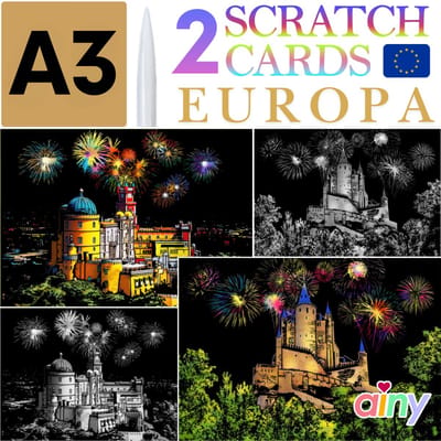 Ainy - Scratch Art Europa | Spanje & Portugal (A3) | 2 krastekeningen inclusief kraspen | Kras tekeningen | Schilderen op kleuren kunst kraskaart | hobby & creatief voor volwassenen en kinderen | Knutselen - ontspanningspakket