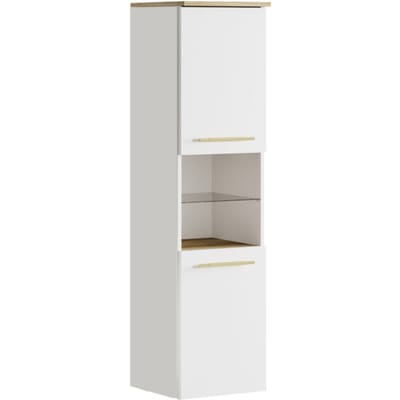 Badplaats Badkamerkast Bravos 35 x 35 x 133 cm - Wit met Eiken - Hangende Badkamerkast Hoog met 2 Deuren