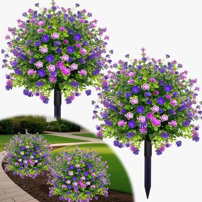 UV-Bestendige kunstbloemen voor buiten - Kunstplanten - Met Uitneembare Pinnen - Diy Decoratie Kunstmatige - Bloem Decoratie Geschikt Voor Tuin Veranda Plastic Planten, Geschikt Voor Binnen En Buiten - Groen + Gemengde Bloemkleuren - 2 stuks