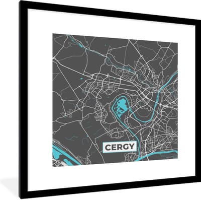 Fotolijst incl. Poster - Cergy - Plattegrond - Kaart - Stadskaart - Frankrijk - 40x40 cm - Posterlijst