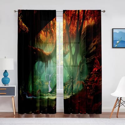 Fantasy Island Tule Gordijnen voor Woonkamer Slaapkamer Decoratie Bergen Zee Bomen Transparante Chiffon Transparante Voile Raamgordijn 1 PCS W100XH250cm&Grommet Top